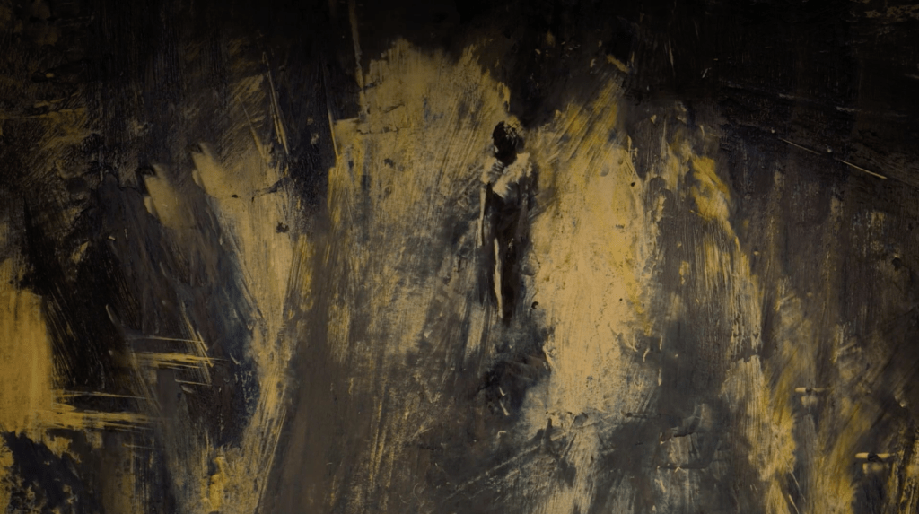 A still from Theodore Ushev's The Physics of Sorrow. A painted image, of a figure in a hallway.